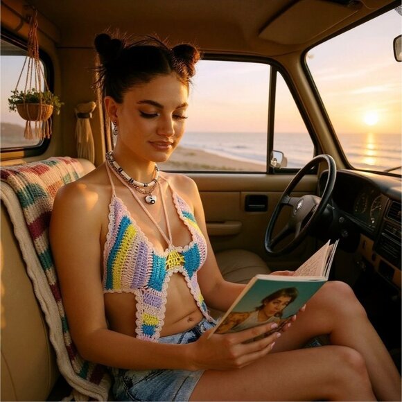 Hot & Delicious Crochet Halter Top w/ Butterfly Scalloped Edge & Neck Tie – L - Picture 2 of 7